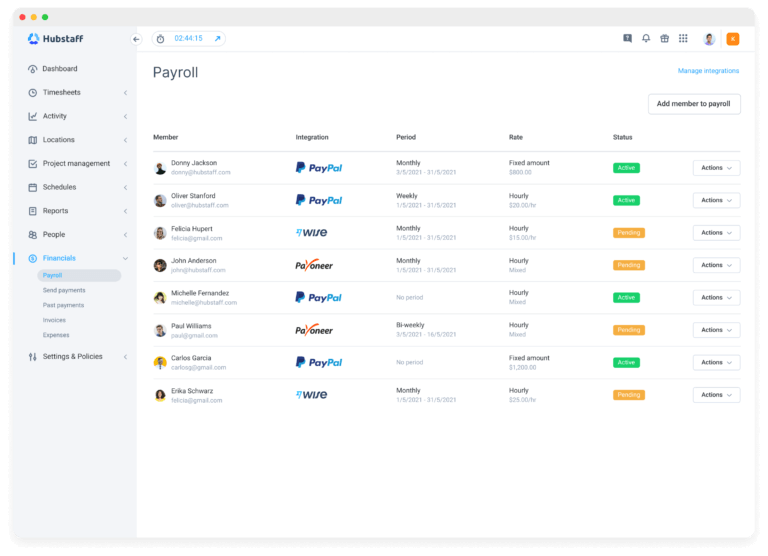 Payroll integrations with paypal, wise, payoneer.
