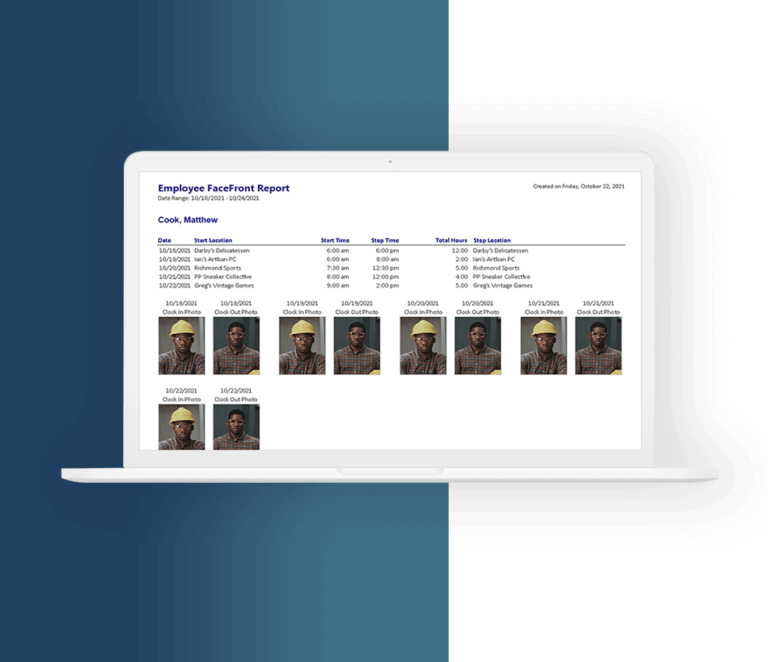 The ExakTime Employee facefront report showing images of employees and their clock in details.