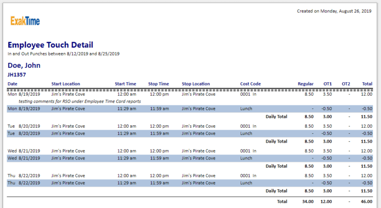 Employee Touch Detail report generated by ExakTime. The report shows data on start location, start time, stop time, and so on.