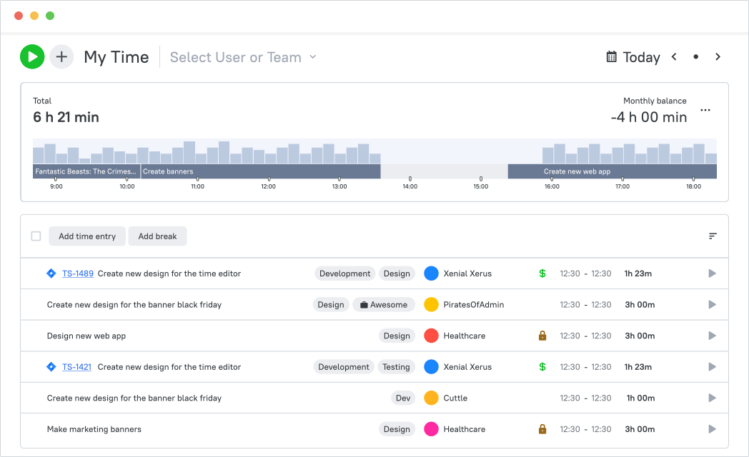 A table display of recorded work hours and time entries on TMetric.