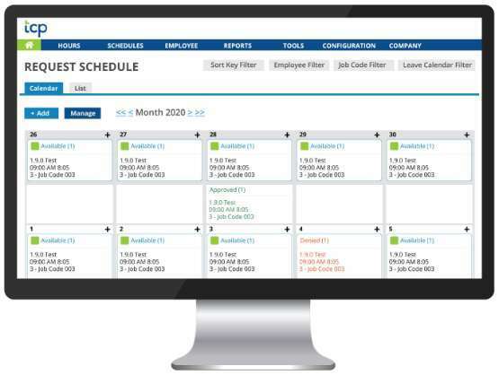 Graphic showing the TimeClock Plus leave request calendar on a computer screen