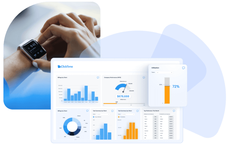 Display of pie charts, bar graphs and other analytics on the ClickTime app.