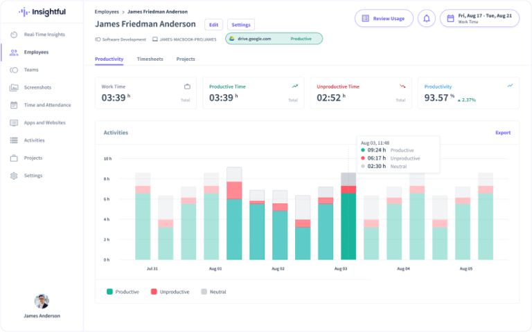 Showing charts of productive and unproductive time for employees