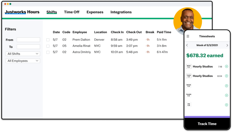 Web and mobile interface showing timesheets
