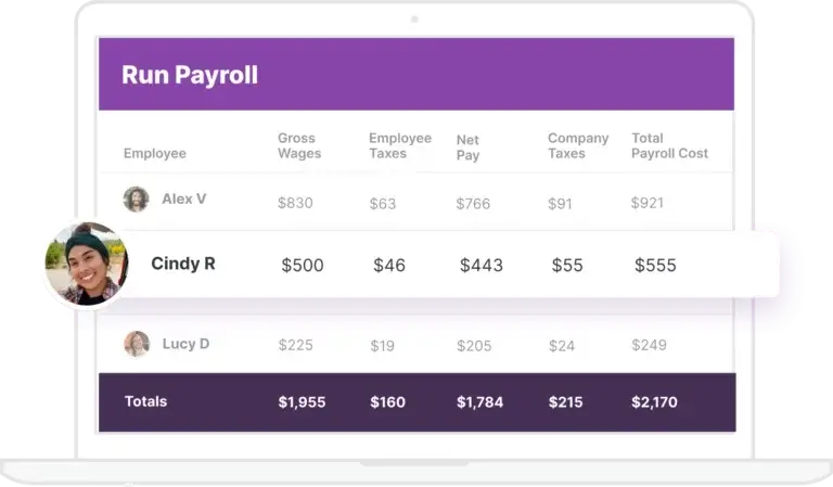 Payroll details for an employee named Cindy.