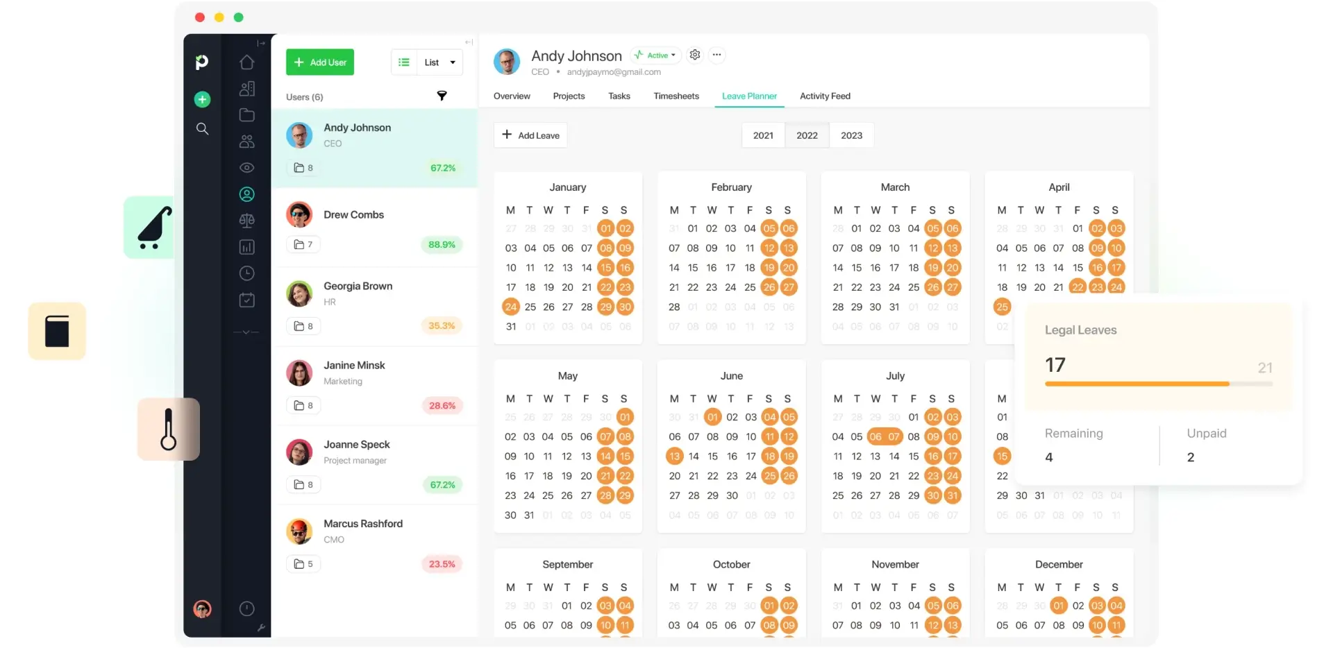 The leave yearly calendar shown on the Paymo web app.