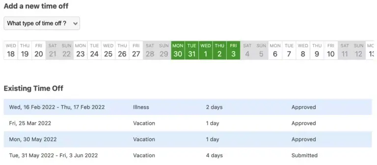 List showing calendar and existing time off heading