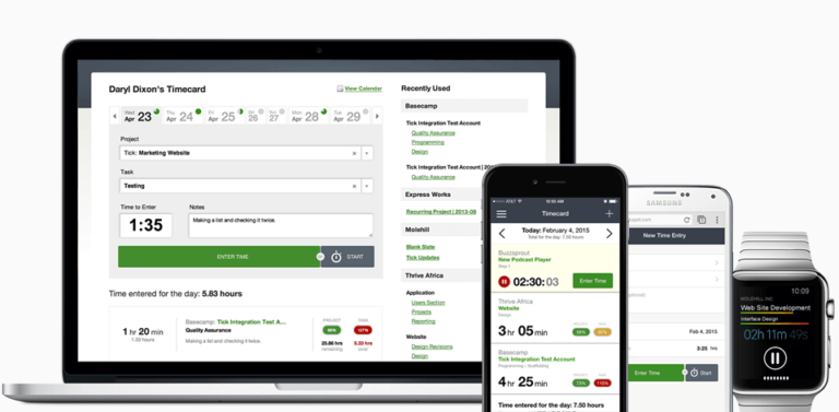 Tick's multiple interfaces including desktop, mobile app and apple watch