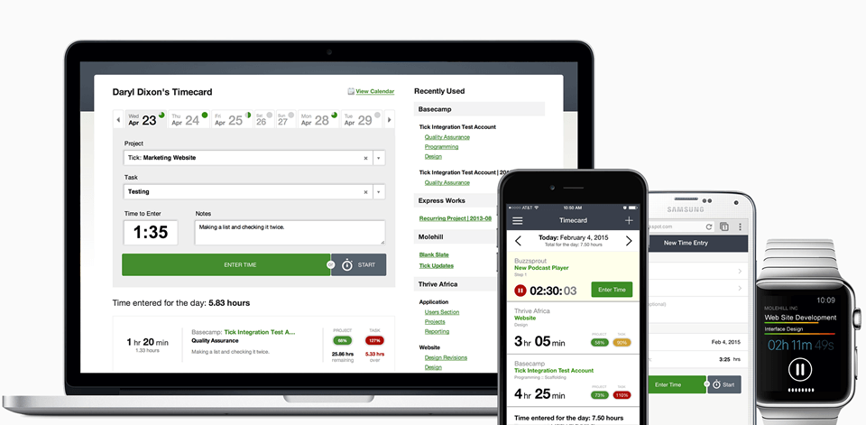 Tick's multiple interfaces including desktop, mobile app and apple watch