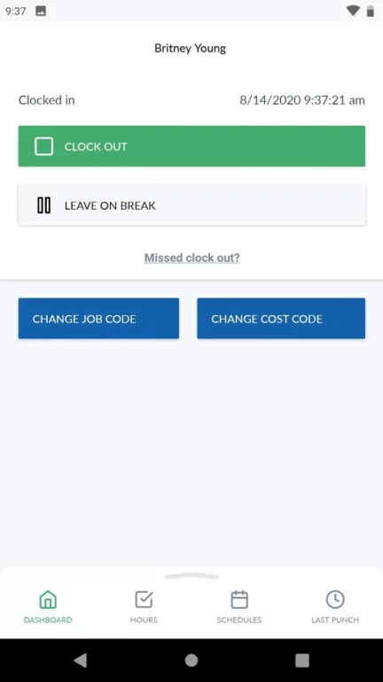 Mobile app clock in interface