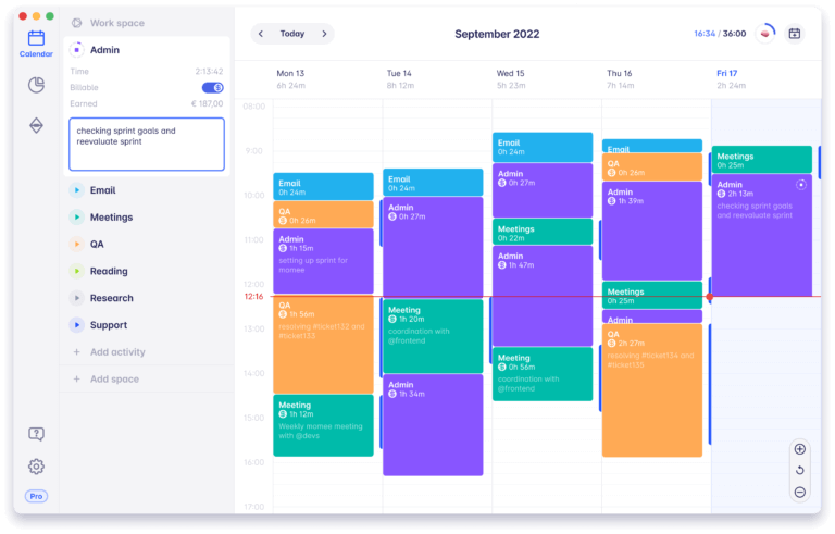 Timeular's dashboard displaying different timesheets