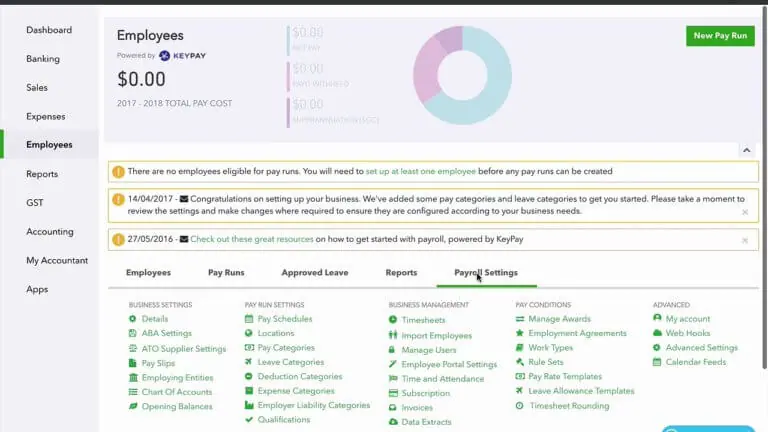 Employee dashboard showing payroll settings