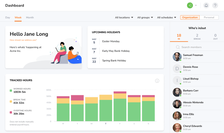 La dashboard del software di time tracking di Jibble dove sono presenti i report e le prossime festività.