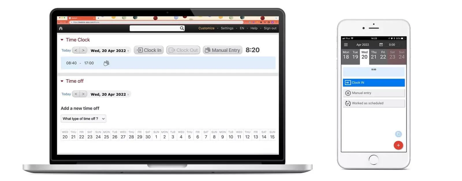 Beebole timesheet and time clock on web app and mobile