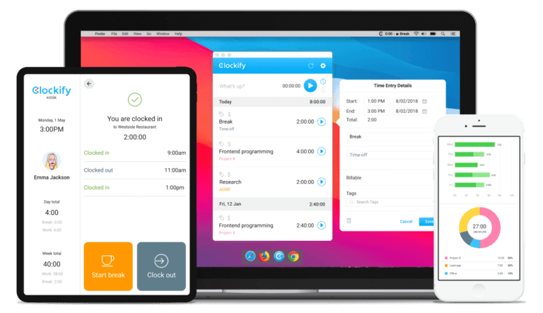 The clockify attendance tracker displayed on different devices.