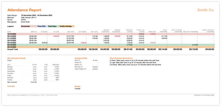 Sample attendance summary export individual