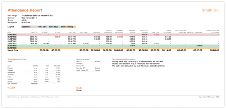 Sample attendance summary export individual