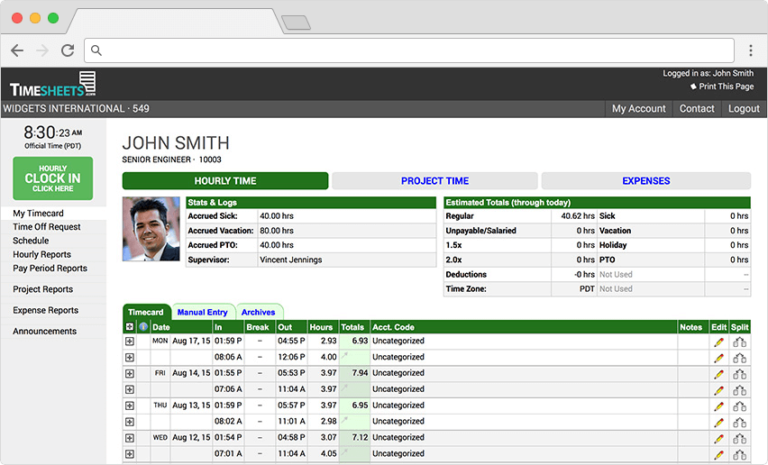 Showing a timesheet of an employee