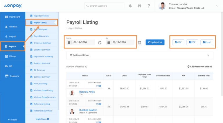 Screen showing payroll listing