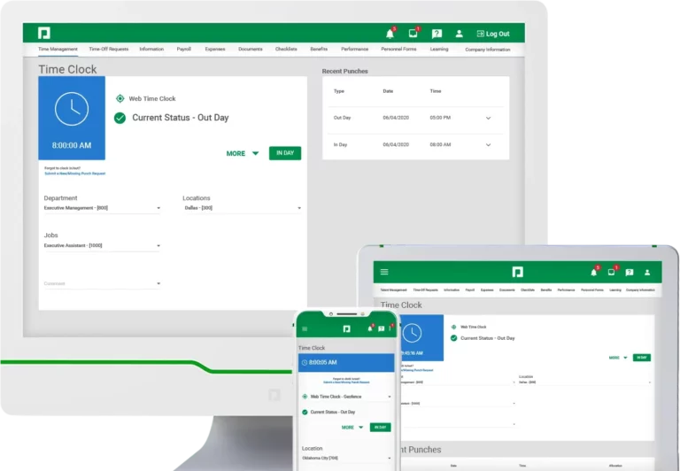 Graphic of Paycom time and attendance features on three screens 