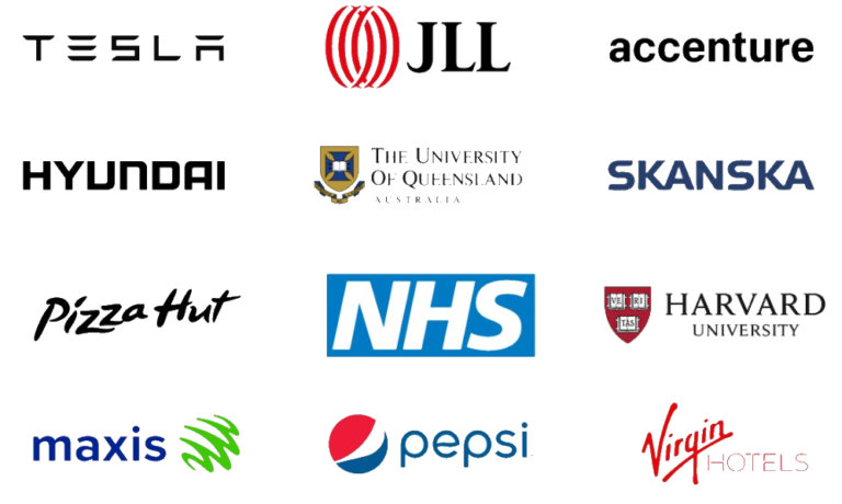 Group of brand logos - Tesla, JLL, Accenture, Hyundai, The University Of Queensland, Skanska, Pizza Hut, NHS, Harvard University, Maxis, Pepsi and Virgin Hotels.