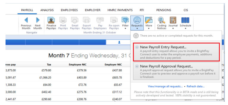 Showing payroll entry requests for Month 7