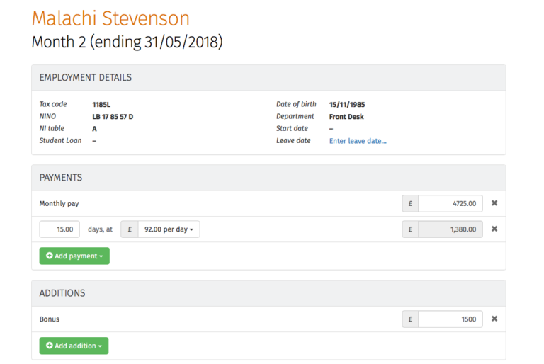 Visualizing entry and payroll approval for the client named Malachi Stevenson