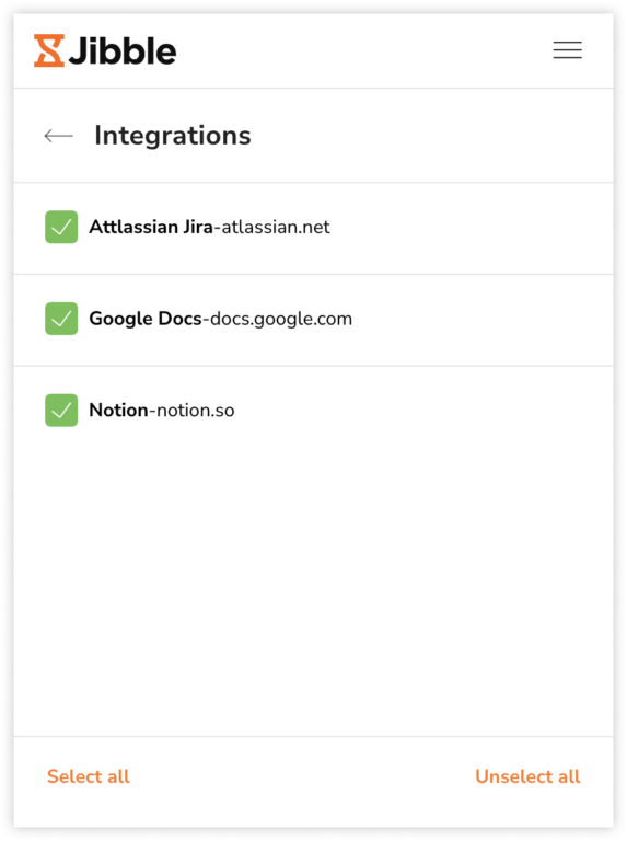 Jibble chrome extension integration settings to enable or disable integrations
