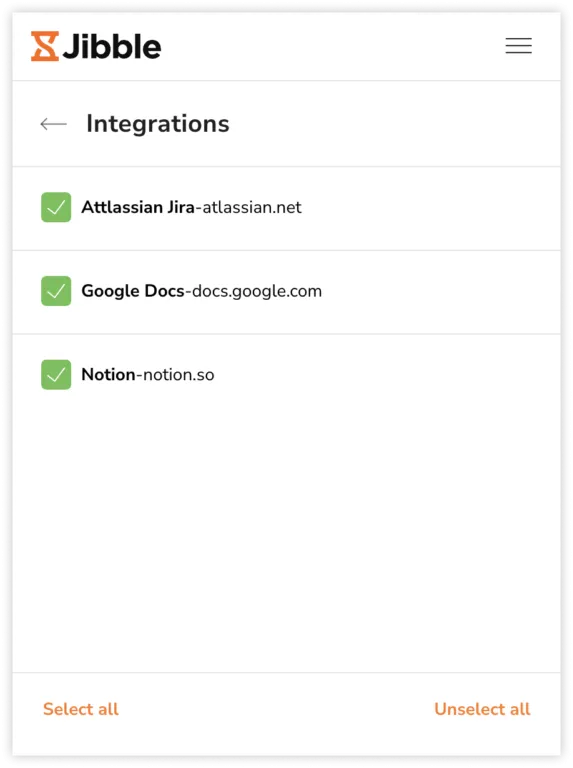 Jibble chrome extension integration settings to enable or disable integrations