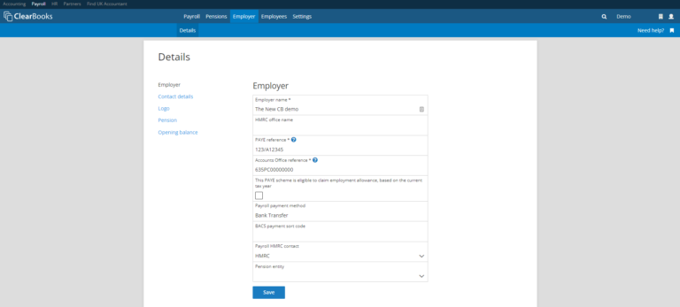 Showing employer's support details form