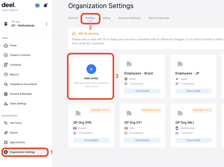 Showing organization settings screen in Deel