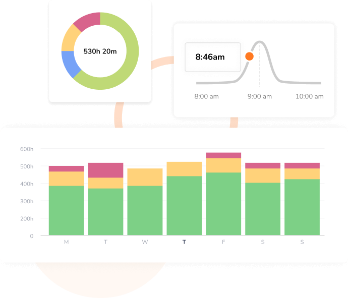 A timesheet with detailed hourly, daily and weekly reporting. Activity/ group time spent illustration and clock in/out time graph.