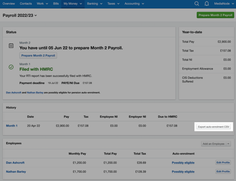 Screen showing automatic enrolment of employees for workplace pensions