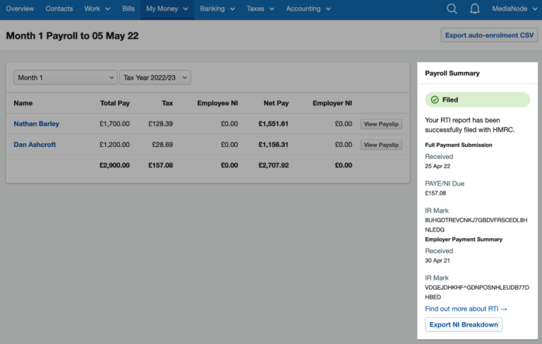 Screen showing successful RTI report filed with HMRC