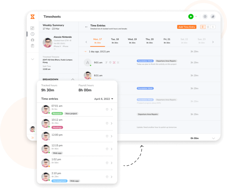 Time data updated in real-time in timesheets