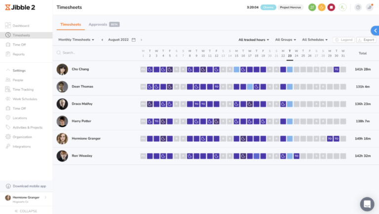 Time and attendance software for schools. Timesheet on Jibble displaying work hours with colors.