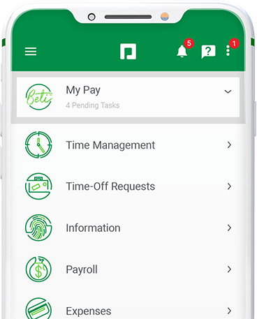 Screen showing the features available in Paycom