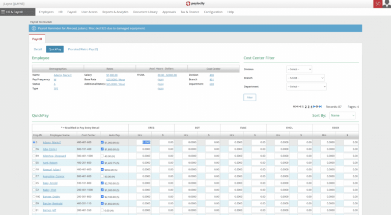 Showing payroll reporting screen