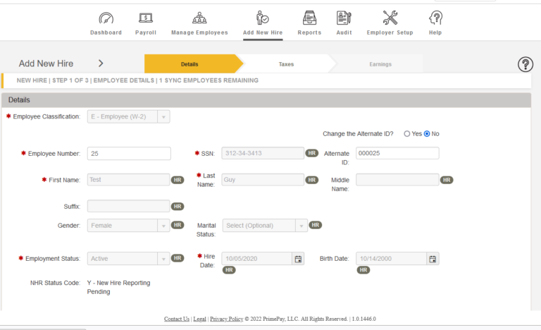 Screen showing setting up new employee for payroll processing