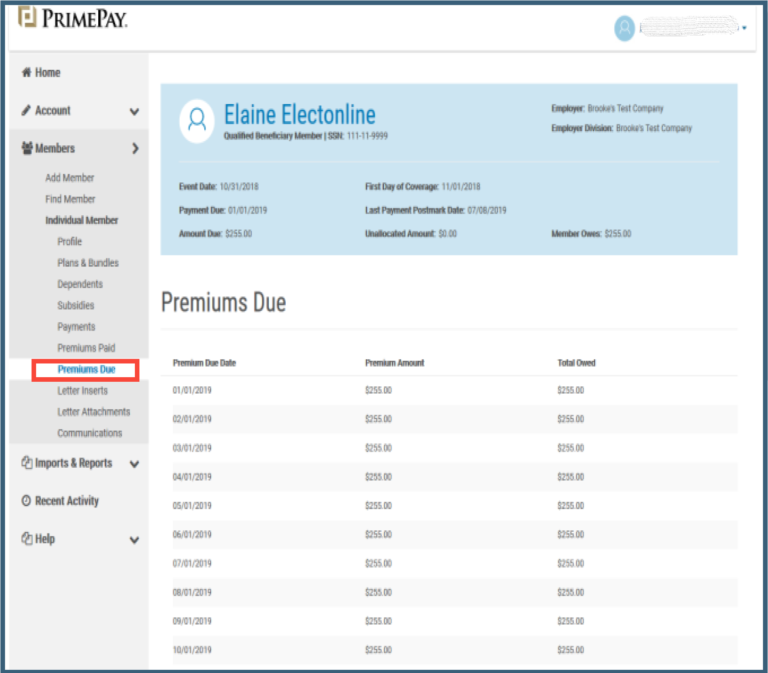 Visualizing COBRA premium dues on PrimePay