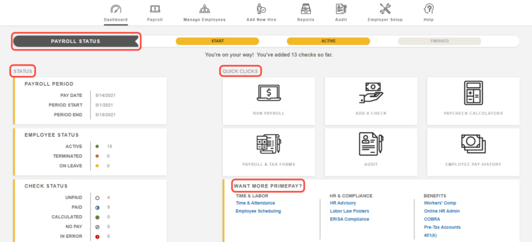 Screen showing dashboard of PrimePay with all the necessary features