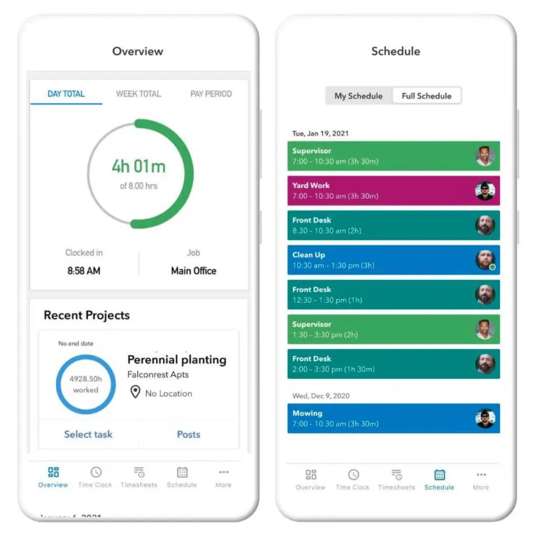 Two mobile phones displaying QuickBooks TIme's mobile time tracking and scheduling.