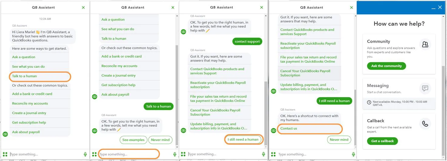 Multiple screenshots displaying a user struggling to get support for QuickBooks Time.