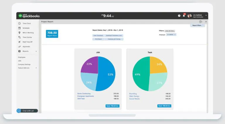 Un écran d'ordinateur portable affichant des rapports sous forme de graphiques à secteurs sur la page de QuickBooks Time.
