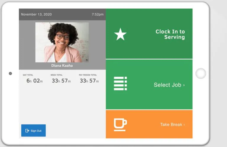 A tablet display showing an employee's web dasbboard of QuickBooks Time.