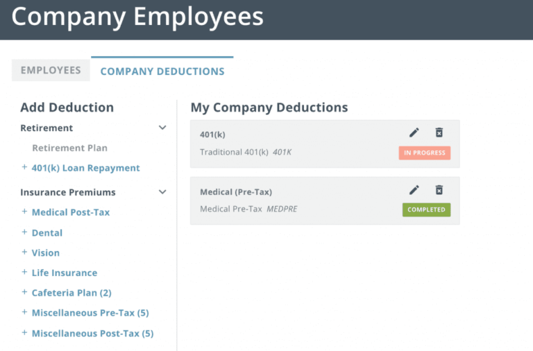 Screen showing company's employees' dashboard for tax filing