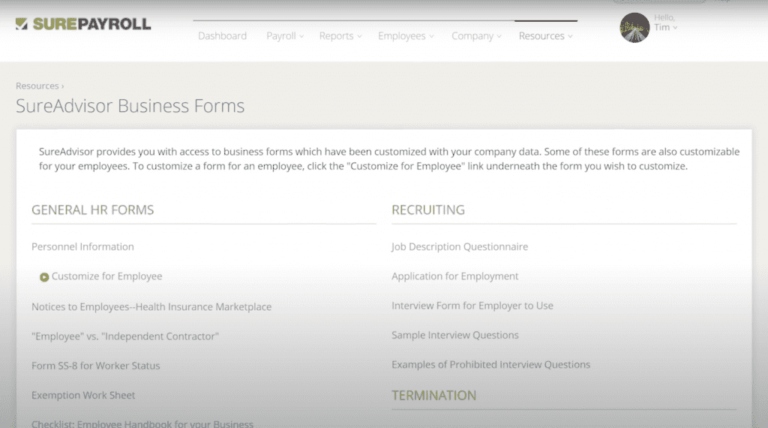 SureAdvisor business forms screen in SurePayroll
