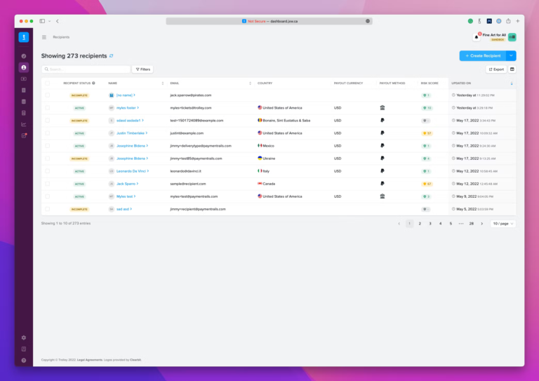 Screen showing real-time payment tracking