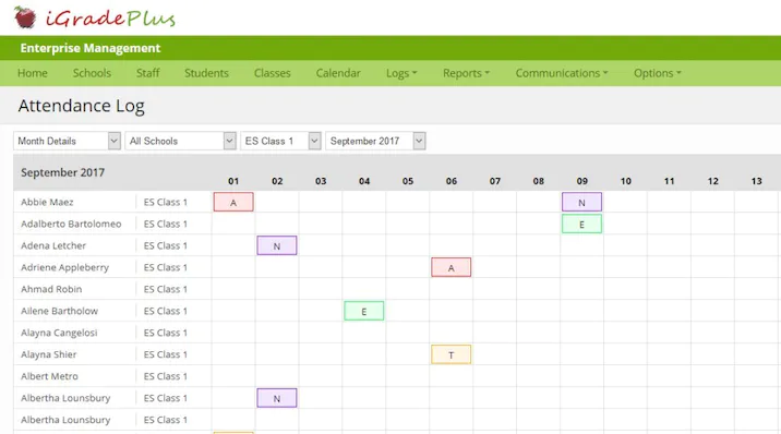 Attendance record of students on iGradePlus