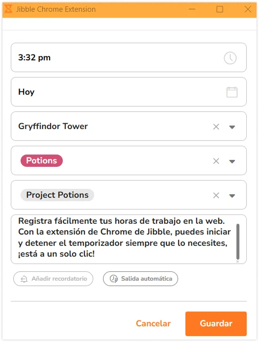 Clock in confirmation screen with notes automatically added